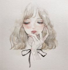 a watercolor painting of a girl with her hands on her face and eyes closed