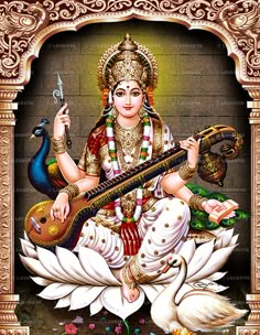 the hindu god sitting on top of a swan with a musical instrument in his hand