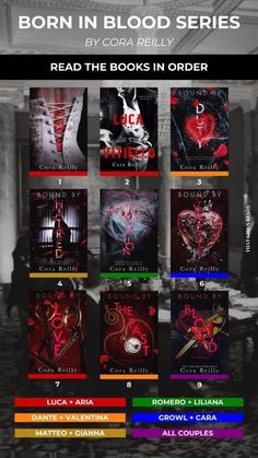 the book cover for born in blood series by cora riley, with an image of various books