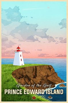 a poster with a lighthouse on top of a cliff next to the ocean and clouds in the sky