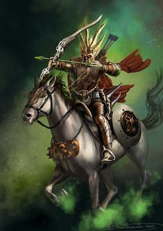 a man riding on the back of a white horse in front of a green background