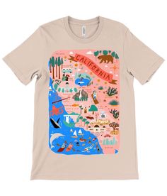 Relive your love for California with this wonderful illustrated t-shirt. The hand drawn map features many of the Golden State's iconic land marks drawn in a wonderful style. So you can enjoy California where ever you are. It's perfect to remember an incredible trip, as a gift to a someone who's from there, or as a daily memory of home!  This heather style t shirt is 52% ringspun combed cotton/48% polyester and has a relaxed gender neutral fit. Beautiful California, Hand Drawn Map, Drawn Map, Illustration T Shirt, California Map, Illustrated Map, Print Tee, Golden State, Map Print