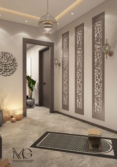 the interior of a modern home decorated in beige and brown colors with decorative screens on the walls