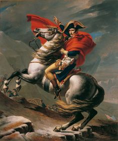 a painting of a man riding on the back of a white horse in a rocky landscape