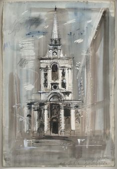 a painting of a building with a steeple on it's side, in grey and white