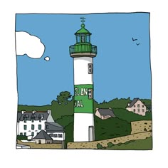 a green and white light house sitting on top of a hill