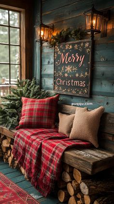 a wooden bench sitting next to a christmas tree