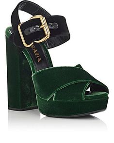 Colorblocked Velvet Platform Sandals + Prada's green and black colorblocked velvet ankle-strap sandals are styled with a thick platform and chunky block heel. Prada Platform Sandals, Gucci Top, Green Sandals, Womens Chunky Heels, Chunky High Heels, Chunky Block Heels, Designer Sandals, Prada Shoes, Open Toe Sandals