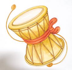 a drawing of a yellow drum with red strings and an orange band around the top