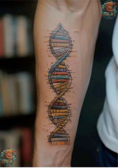 a tattoo on the arm that has a drawing of a double strand of books in it