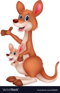 cartoon kangaroo and her baby sitting on its back with one leg up in the air