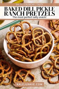 baked dill pickle ranch pretzels in a white bowl on a table