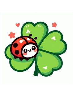 a ladybug sitting on top of a four leaf clover with hearts around it