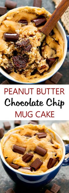 peanut butter chocolate chip mug cake in a blue and white bowl