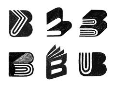 six different type of logos designed in black and white, each with the letter b