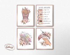 four cards with flowers and hands on them, each showing different types of nail polish