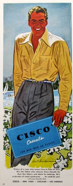 Vintage 1946 Cisco Casuals clothing ad "For men who go places" (and get really, really tanned!).  A man in a gorgeous yellow shirt and gray slacks relaxes by the seaside.  It's such a timeless look.  The artwork is also magnificent. DETAILS: Published in September, 1946, this excellent Cisco Casuals advertisement measures 5 x 12.75".  It's in wonderful condition with bright, fun colors.  You can see a hint of print from the other side, but it's easy to mask with black paper as I did for the photos here.   This fun 1940s fashion ad would make a great addition to a collection of midcentury style ads.  Line them up and display in a retro gallery wall. TIPS: Browse more retro prints for advertising art here in my shop: https://etsy.com/shop/RetroReveries.  Vintage advertising is fun because of 50s Style Men, Vril Society, Retro Closet, 1940s Mens Fashion, 1950s Mens Fashion, Gray Slacks, Fashion Sportswear, Vintage Advertising Art, 1950s Mens