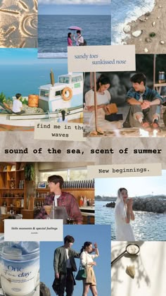 a collage of photos with people on the beach and in the water, including an advertisement for sea salt