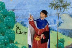 a painting of a man in red and blue robes holding a book while standing next to trees