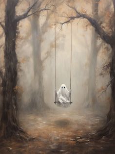 a painting of a ghost on a swing in the woods