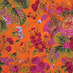 an orange background with pink and purple flowers