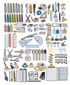 an assortment of sewing supplies and tools are shown in this drawing style, including scissors