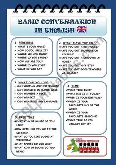 an english conversation worksheet with the words basic conversation in english and two pictures