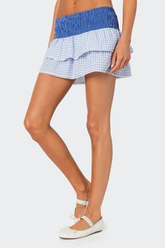 Mini skirt Ruffled design Smocked waistband Lace trim Contrast gingham patterns Cotton, Polyester Model wears size S Model height is 5'9 Item care: Wash with similar color Gingham Mini Skirt, Ruffled Mini Skirt, Gingham Skirt, Miniskirt Outfits, Swimwear Dress, Blue Gingham, Skirt Outfits, Halloween Outfits, S Models