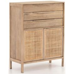 a wooden cabinet with wicker doors and drawers