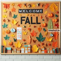 a bulletin board with fall leaves and pumpkins on it that says welcome to fall