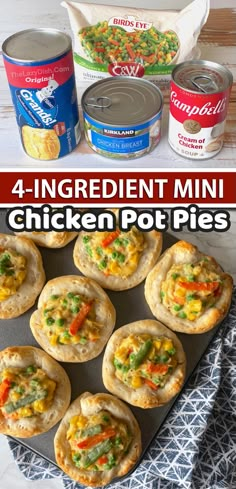 four ingredient mini chicken pot pies on a baking sheet with canned food in the background