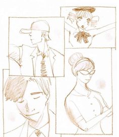 some drawings of people in different poses and hair styles, one is wearing a hat