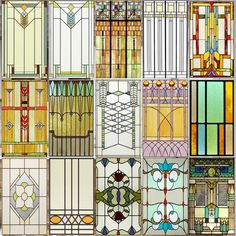 many different stained glass windows are shown in various colors and shapes, including one with an ornamental design