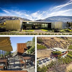 four different views of an outdoor dining area, with mountains in the background