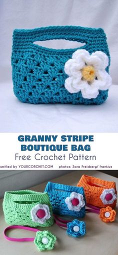 the crochet purse is made with granny's yarn and has a flower on it