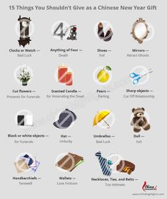 the chinese new year's gift guide is shown in this graphic style, with different items