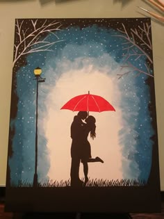 a painting of a man and woman kissing under an umbrella in front of a night sky