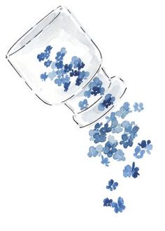 a drawing of blue flowers falling out of a glass container into the air on a white background