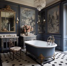 an ornate bathroom with blue walls and white tub in the center, black and white checkered floor