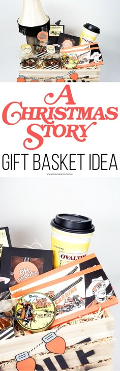 a christmas story gift basket idea with coffee cup, candy bar and other holiday items