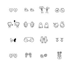 an image of different types of doodles on a white background with black and white lines