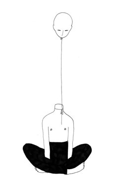 a drawing of a person sitting on the ground with a balloon attached to their head