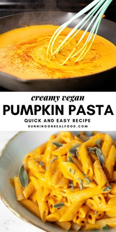 creamy cream pumpkin pasta in a skillet with a whisk on top and text overlay