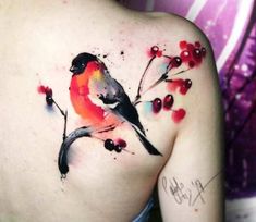 a bird on a branch with berries painted on it's back shoulder and chest