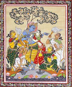 Radha Krishna with Four Gopinis (Orissa Paata Painting on Tussar Silk - Unframed)) Orissa Pattachitra, Pattachitra Saree, साईं बाबा, Bengali Art, Contemporary Folk Art