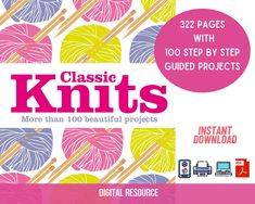 the book cover for classic knits is shown in pink, yellow and blue colors