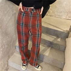 Non-stretch Grunge Cotton Pants, Non-stretch Full Length Grunge Pants, Casual Baggy Plaid Bottoms, Plaid Cotton Pants For Streetwear, Retro Baggy Pants For Fall, Non-stretch Grunge Style Fall Pants, Fitted Full Length Grunge Pants, Trendy Plaid Cotton Pants, Non-stretch Grunge Pants For Fall