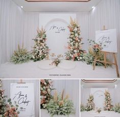 the wedding stage is decorated with flowers and greenery