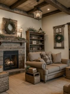 a living room filled with furniture and a fire place