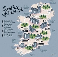 an illustrated map of castles of ireland, with the names and their locations on it